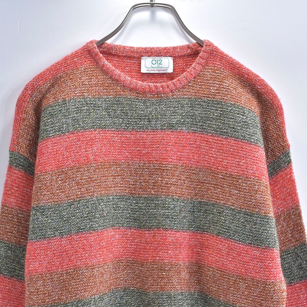 80s イタリア製 beneton ベネトン マルチボーダー プルオーバーニット ミックスカラー ヴィンテージ セーター ヨーロッパ ビンテージ レディースXLサイズ