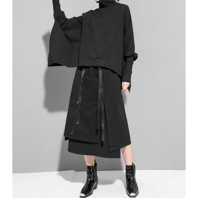 ドルマンスリーブ タートルネック+イレギュラビッグポケットスカート セットアップ ST0029