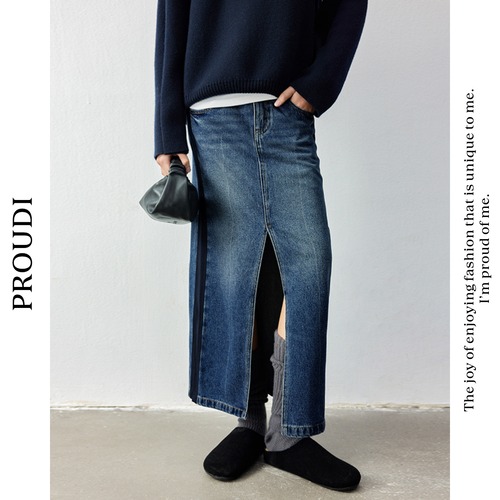 【スリット入りデニムタイトスカート 】P00839