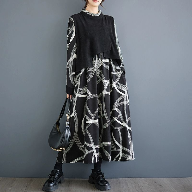 FAKE-2-PIECE STAND COLLAR A-LINE LONG SHIRT DRESS 1color M-10877