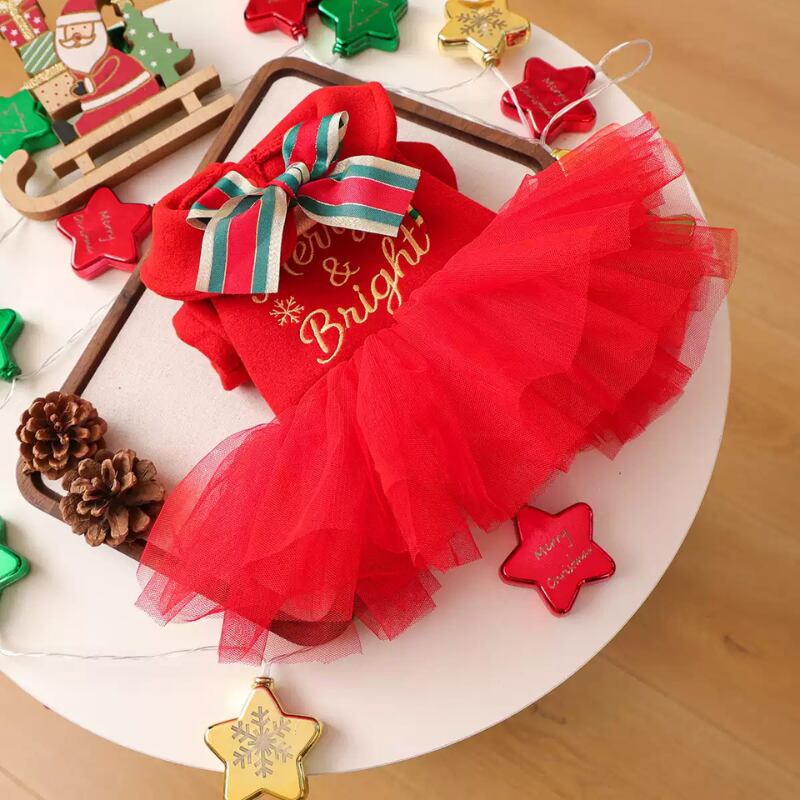 チュールスカートのクリスマスドレス 犬服 00980