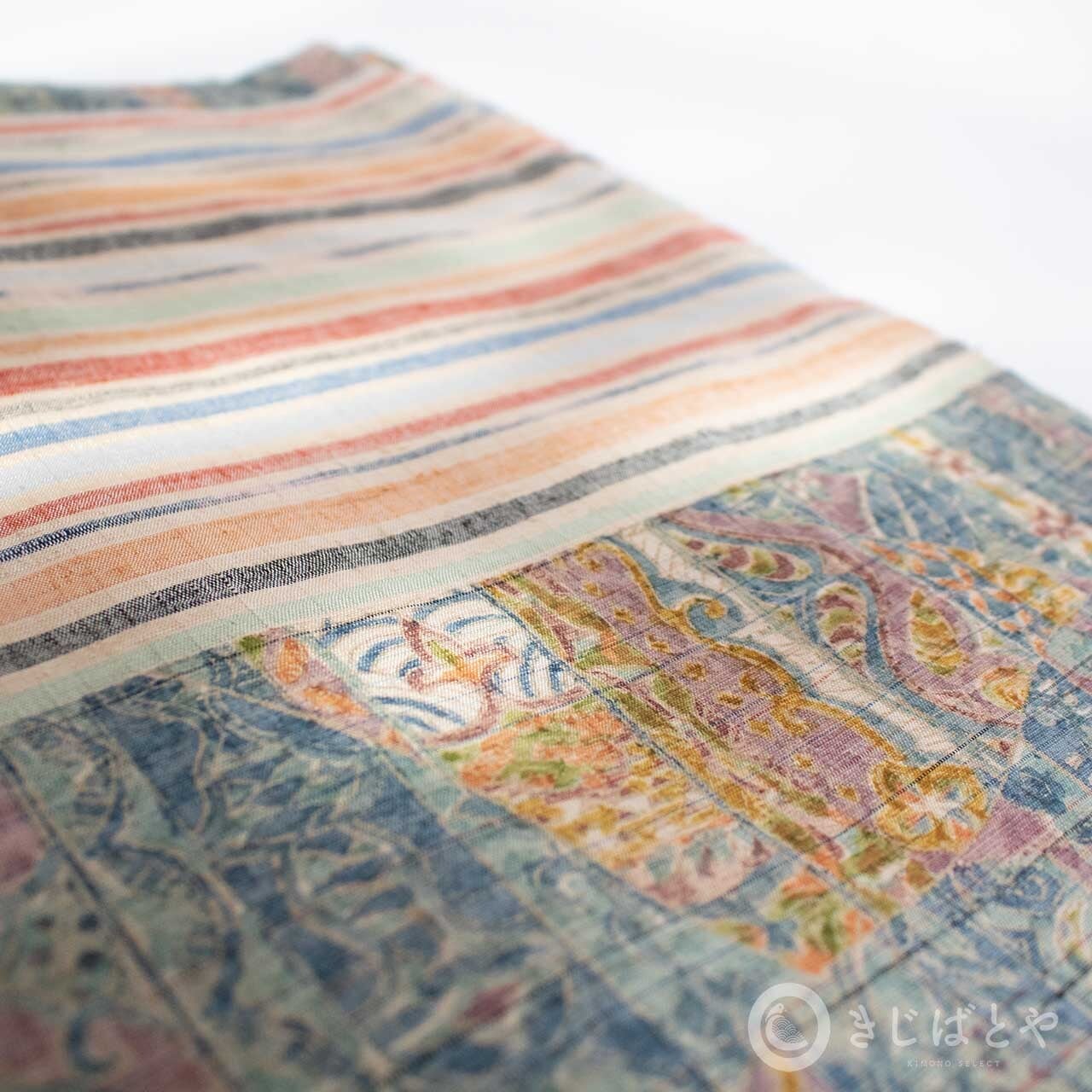 正絹紬 更紗柄と縞の単衣 | きじばとや