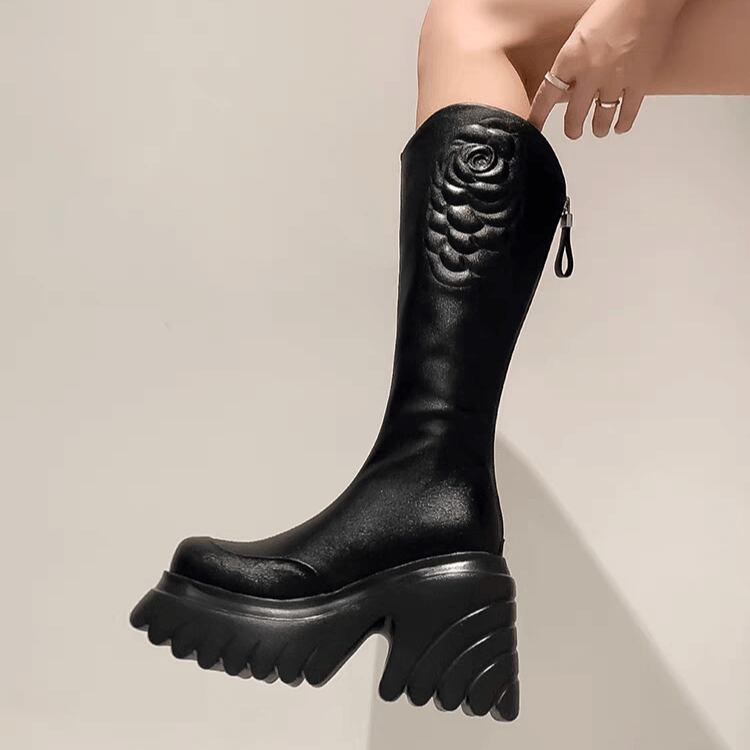 【size25.0cmあり】カメリアモチーフエレガントロングブーツ10cm全2色