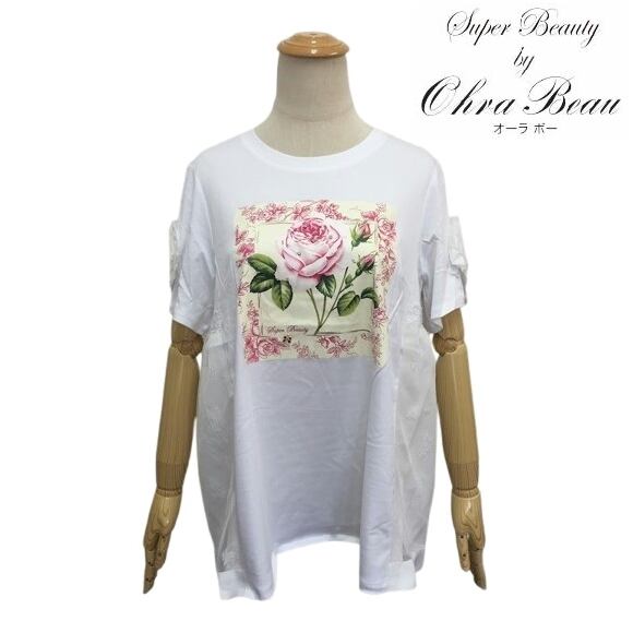 スーパービューティー カットソー 胸元バラ柄 ロングTシャツ 2512012