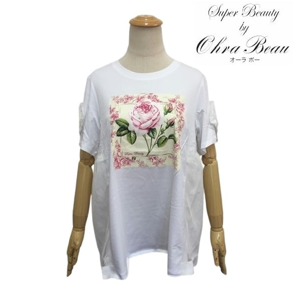 スーパービューティー カットソー 胸元バラ柄 ロングTシャツ 2512012 ホワイト 2025年春夏 オーラボー 大人かわいい服 大人スタイル キレイメ Super Beauty レディース アパレル 女性 M L LL 30代 40代 50代 60代