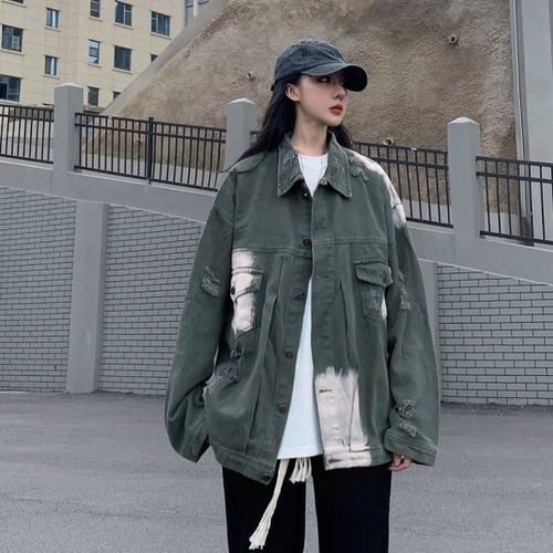 デニムジャケット レディース カラバリ1色 ダークグリーン 長袖 オーバーサイズ ダメージ加工 ルーズファッション ストリートファッション 春 秋冬 新作 クール サイズ3展開 M L XL