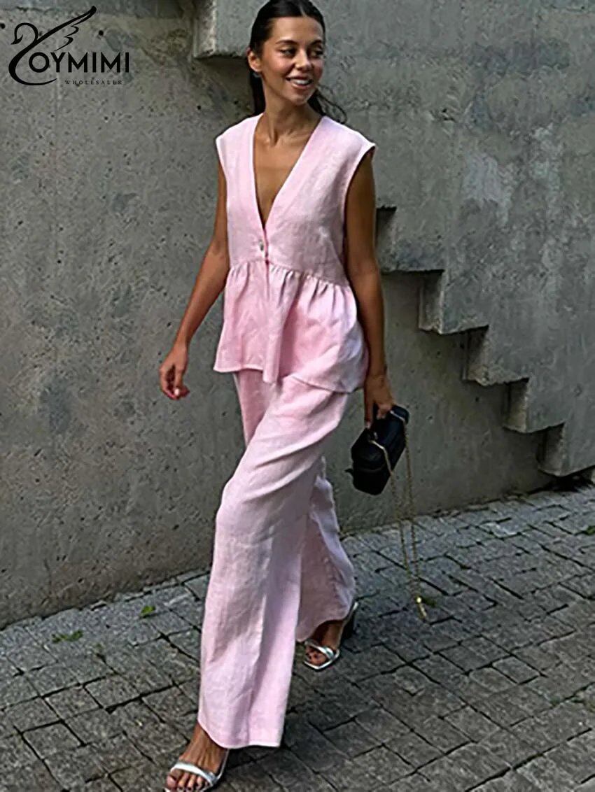 Oymimi ファッションピンクコットンセットレディース 2 ピースエレガントなディープ V ネックシングルボタンシャツとシンプルなストレートズボン女性セット