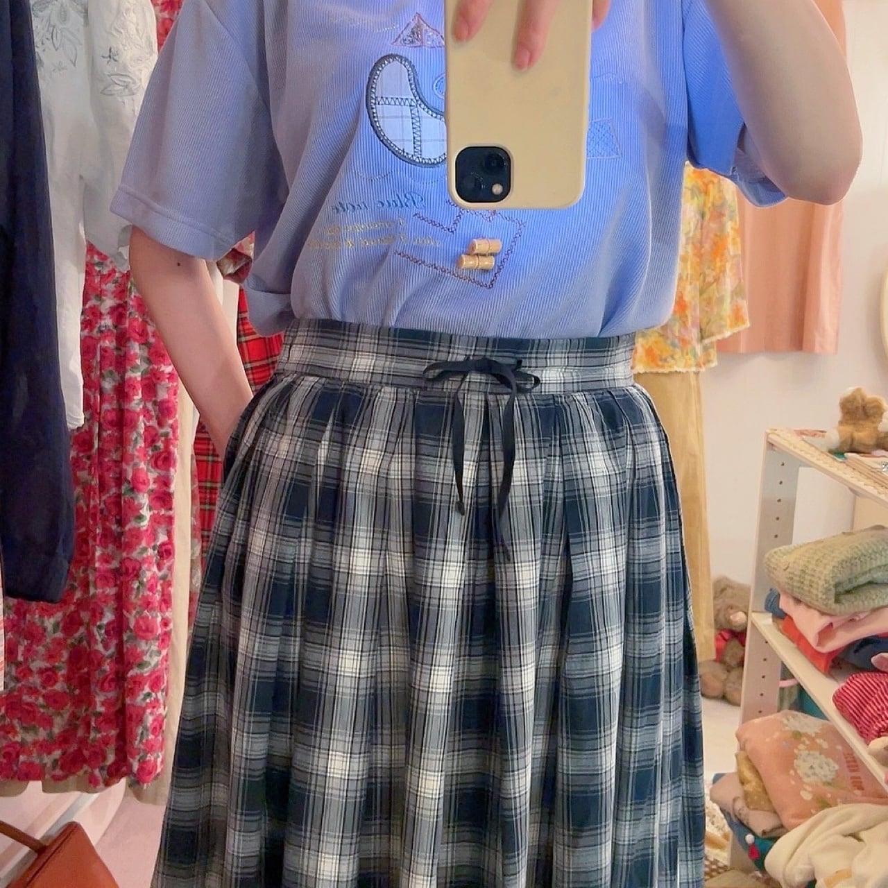 black check gather skirt