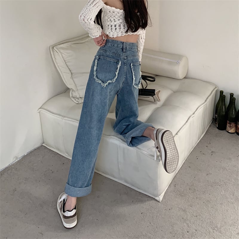 ポケットも可愛く 韓国っぽ ワイドデニム デニムパンツ カットアウト オープンデザイン 女っぽ 美脚見せ カジュアル フリンジ 古着ライク メンズライク Lamitte Deco トレンド 韓国ファッション ショップ Base店