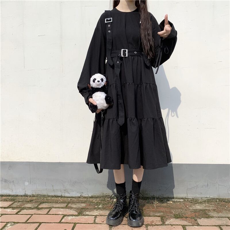 サブカル 服 地雷系 通販 ゴスロリ系 ワンピ レトロ ショルダーストラップ ハイウエスト 切替フレアスカート 闇かわいい ゴシック ロリータ