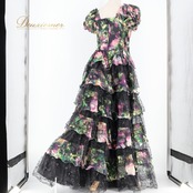 パーティドレス ワンピース ドレス 演奏会 カラードレス 発表会 パーティ Da Vistosa ドニャヴィストーサ 黒 紫 ピンク 緑 フリル レース 花柄 ブラック系 ピンク系 グリーン系 デザイン 華やか フェミニン 結婚式 ステージ衣装 おしゃれ レディース