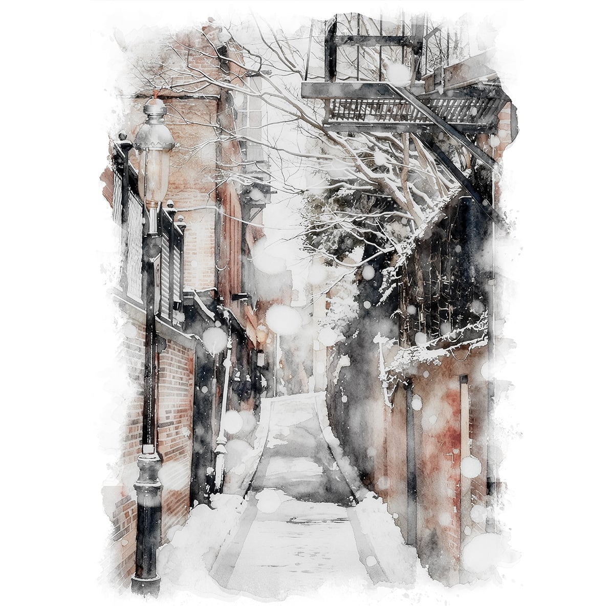 絵画 風景画(街並み) 冬 アメリカ 雪が降るボストンの路地 インテリア