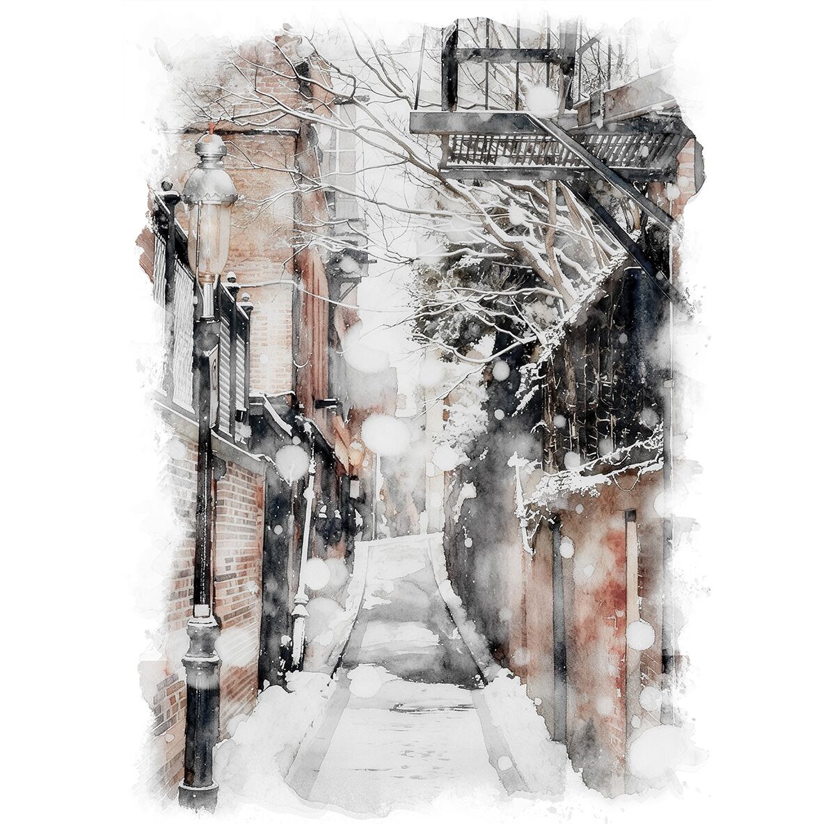 絵画 風景画(街並み) 冬 アメリカ 雪が降るボストンの路地 インテリアアート額付き 水彩画・油絵風 WAT0999
