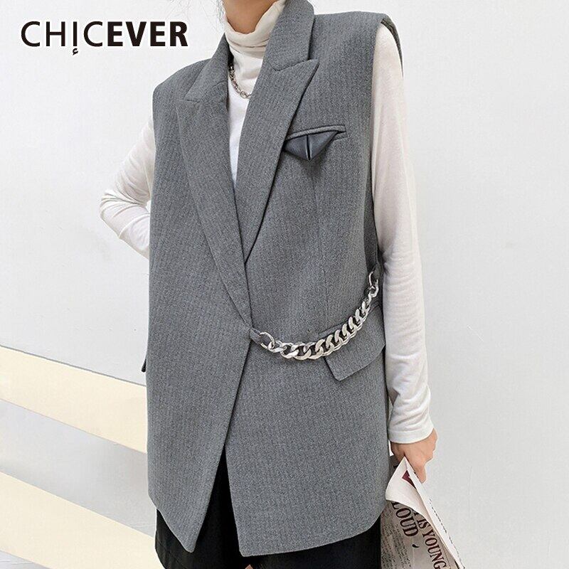 CHICEVERチェーンベスト女性ラペルノースリーブルーズラージサイズミニマリストベスト服2020ミュウ 大きめサイズ 6base597686207250