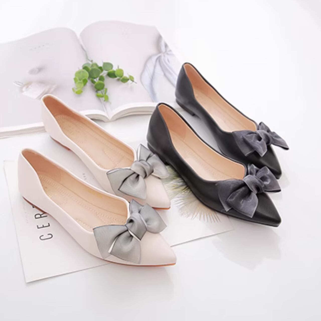 フラットシアーリボンポインテッドトゥパンプス A0132