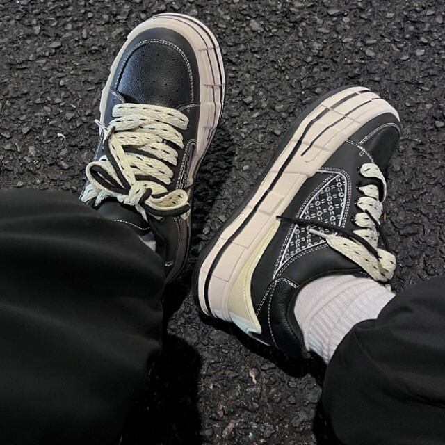 【予約販売】スニーカー 韓国 メンズ ゴツ底 レザー 厚底 靴 ブラック 黒 デザイン お洒落 カジュアル ストリート ダンス 24.5cm/25cm/25.5cm/26cm/26.5cm/27cm