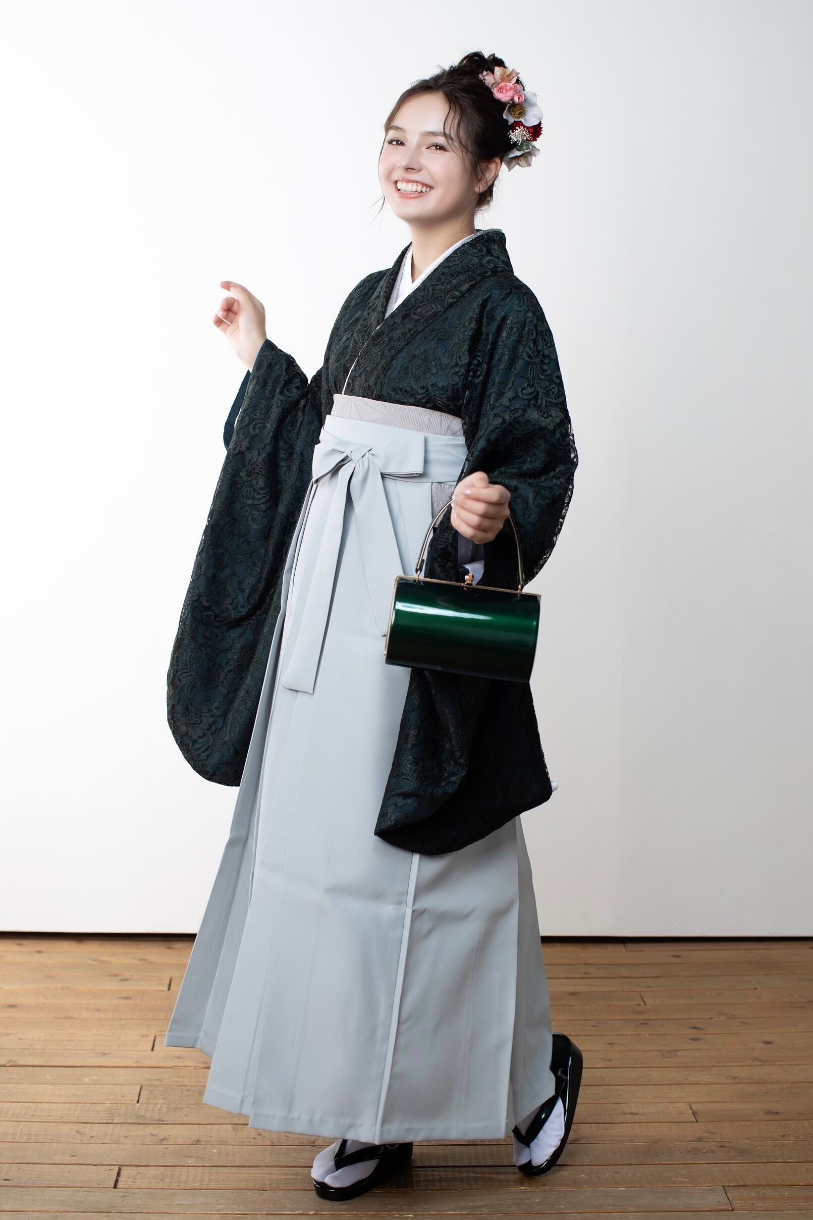 Kimono Sienne 卒業式袴3点セット 総レース二尺袖 ダーク