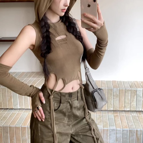 2色／アームカバー付きストラップデザインフーディートップス ・14347