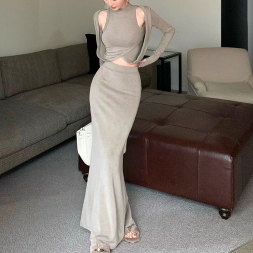 【2点セット】カーデコンビトップス＋ロングスカート ・12258