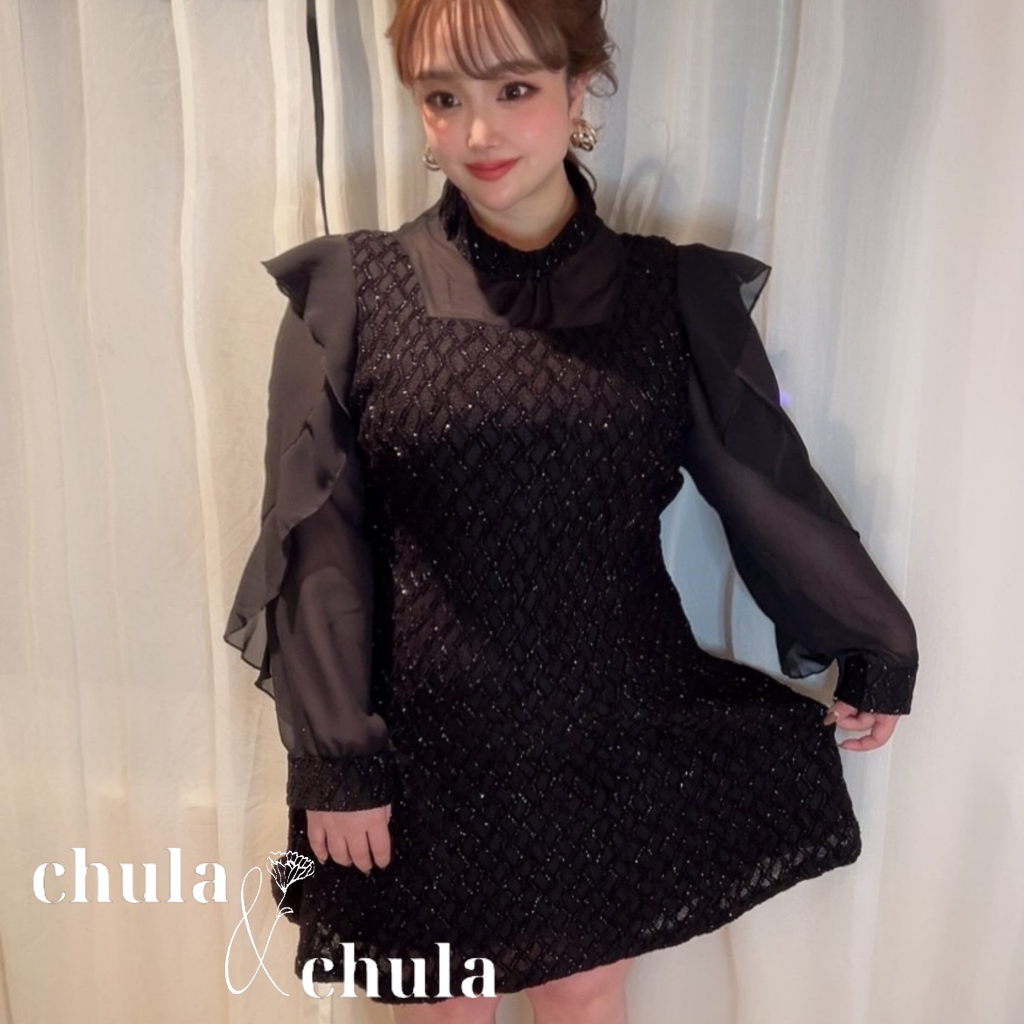 大きいサイズ レディース韓国ファッション ワンピース パーティドレス 長袖 レース ミニ丈 フォーマル パーティ お呼ばれ 二次会 ブラック Ch3167 可愛い大きいサイズ韓国レディースファッション通販 Chulachula チュラチュラ