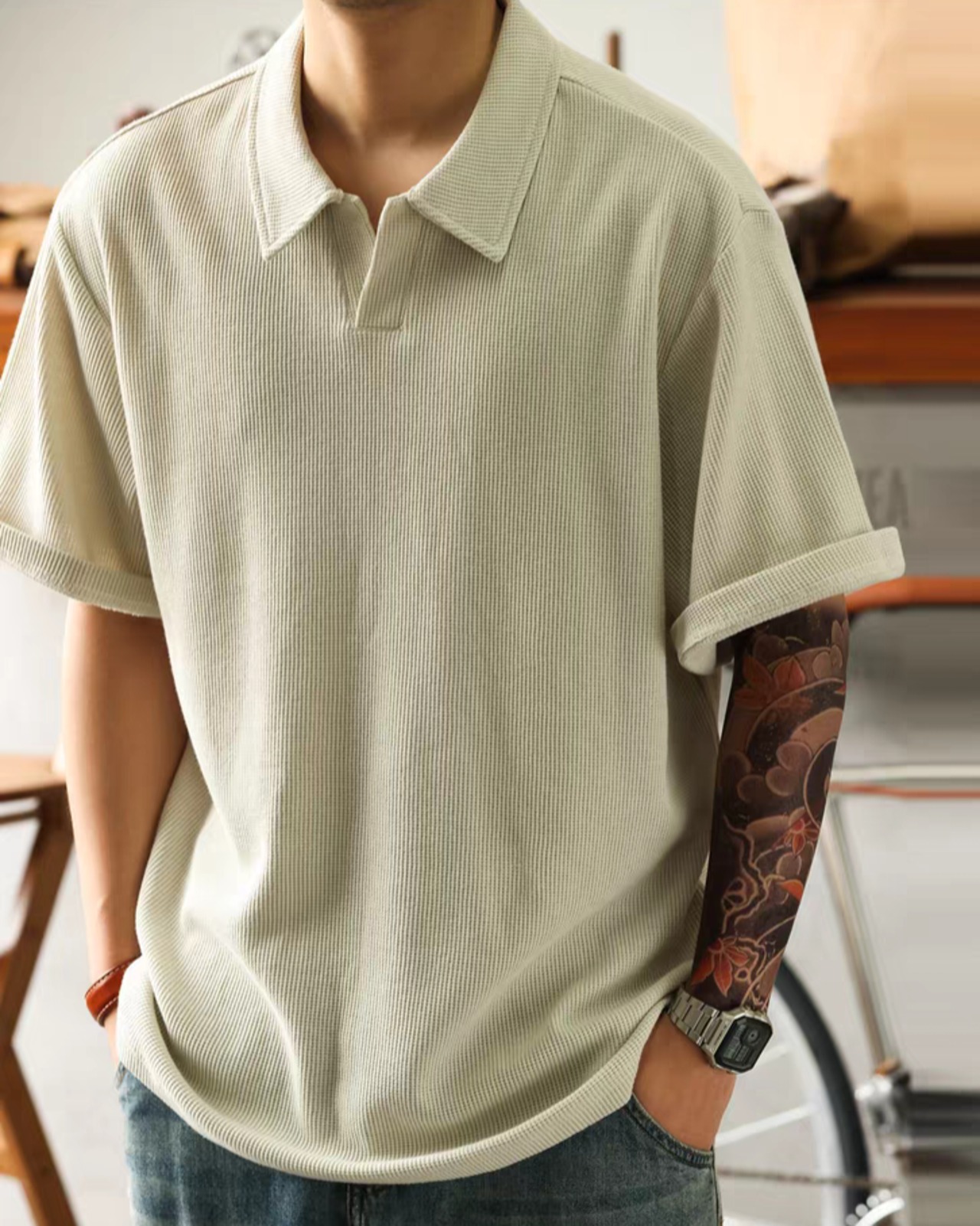 Casual Grainy V-Neck Polo Tee  K0369