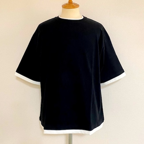 「丹後」Ring Spun Cotton Fake Layered Crew Neck Half Sleeve T-shirts　Black