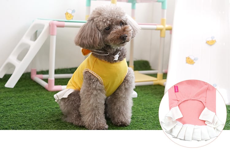 【SALE】 hiyoko onepiece set 2color S ~ XL  /  犬服 春夏 新作 ドッグウェア 袖なし シンプル フリル ドレス お揃い 犬の服 小型犬 中型犬 帽子セット 猫