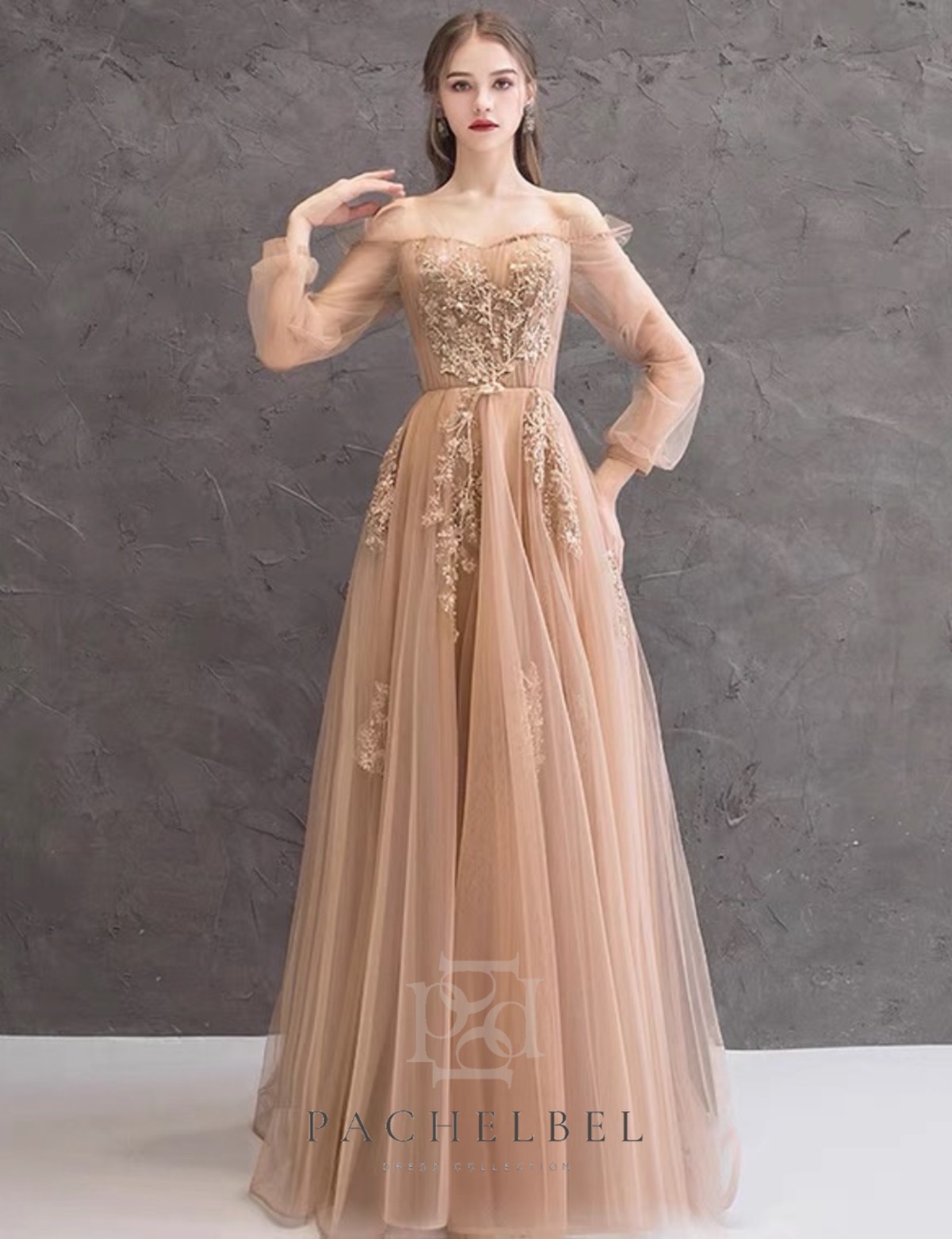 カラードレス ツーピース ベージュ テラコッタ色 ロングスリーブ  