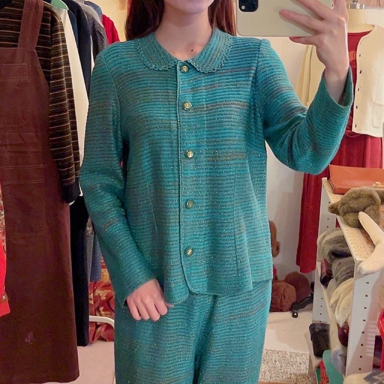 green lame knit set up