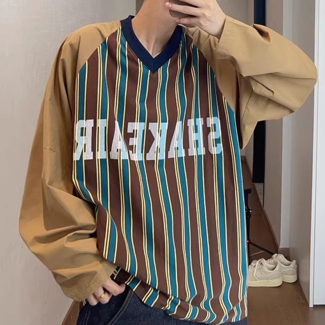 Retro Versatile Letter Print Striped Patchwork Raglan Sleeve Long Sleeve V-Neck T-Shirt (FD072)