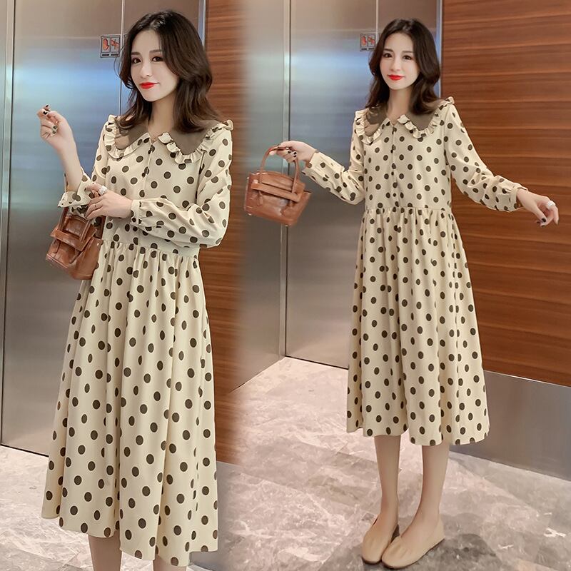 【新作】【送料無料】 マタニティウェア2019秋の新しいファッション水玉マタニティドレス人形の襟を膝の上に緩いマタニティドレス-アリババ オータム 秋物 expec24335438974
