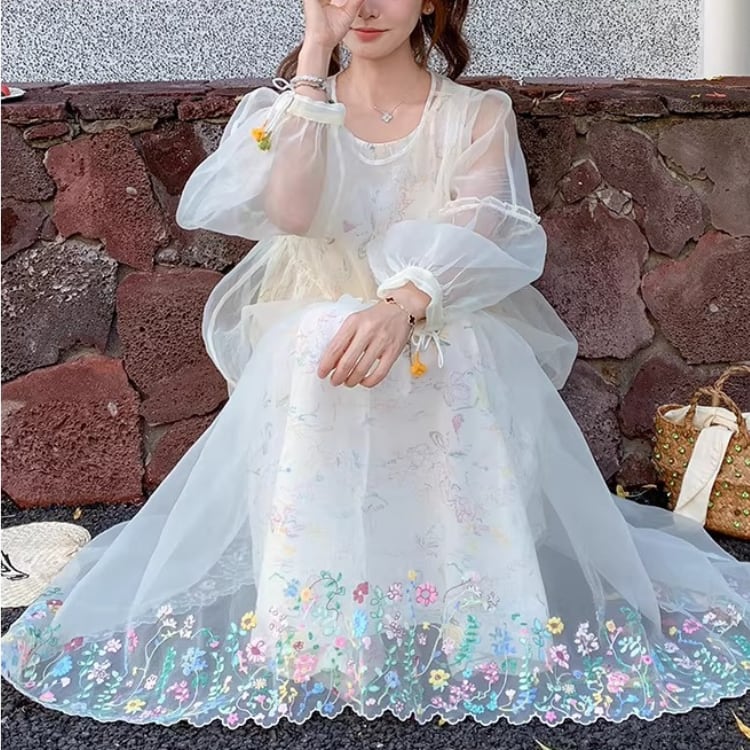 Fluffy floral dress【2set】00337