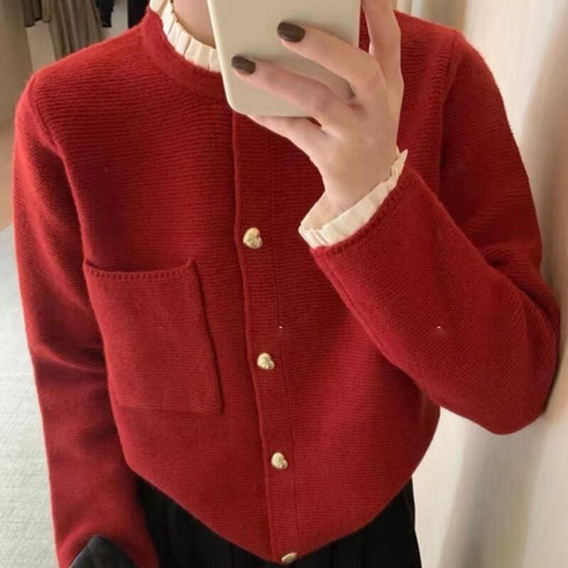【新作】【送料無料】 新しいラウンドネックシングルブレストソフトワックスセータージャケットトップは、ファッショナブルで多用途、スリム、ファッショナブル、レトロ、レッドです。 0387363774175