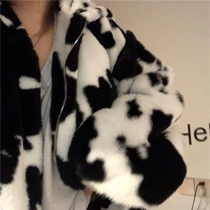 牛柄 フード付き ボアジャケット アウター ジップアップ ルーズ