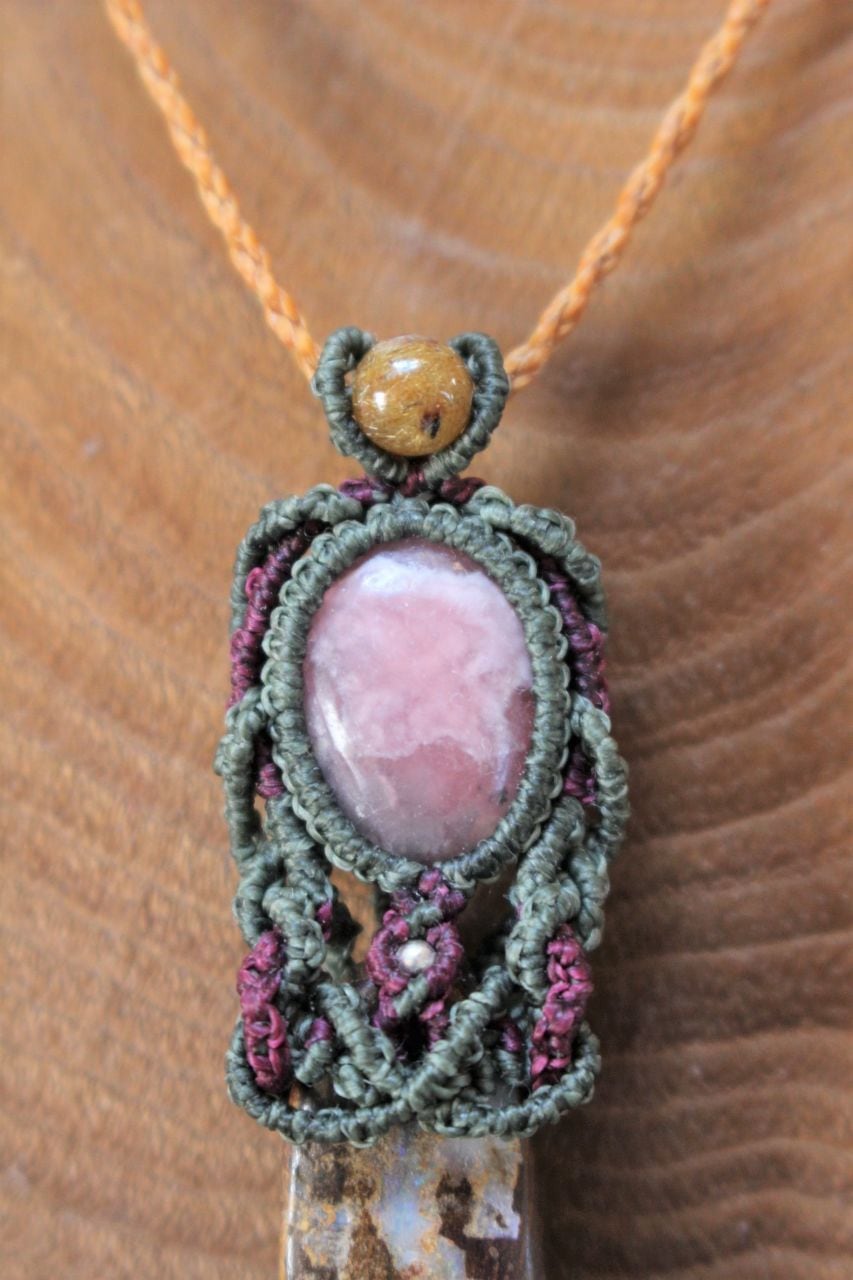 Boulder opal & Rhodochrosite micromacrame pendant