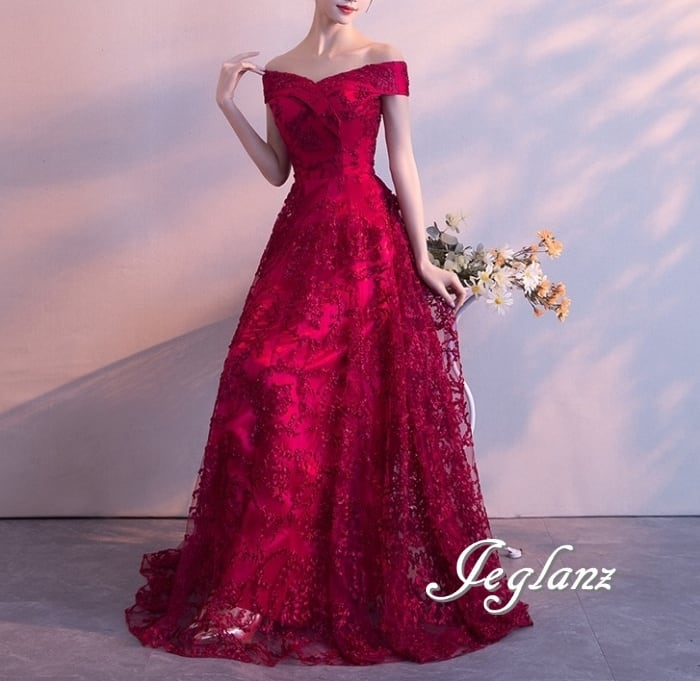 4色 パーティ イブニングドレス 背中 編み上げ オフショル チュール(M8877)ζ