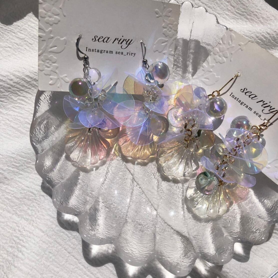 no.867 人魚姫のしゃぼん玉ピアス マーメイド シェル クリア オーロラ