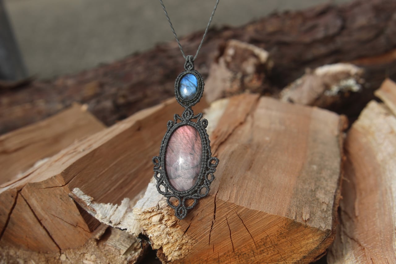 Purple Labradorite & Labradorite micro macrame pendant