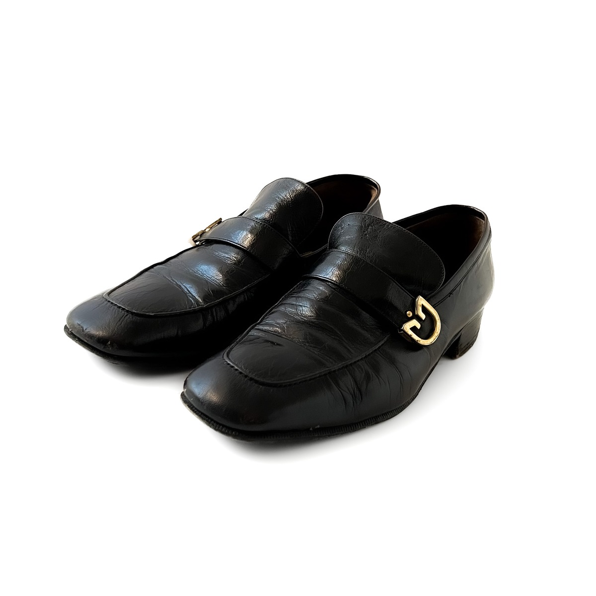 70s old gucci 筆記体 made in italy表記 black leather loafers 70 
