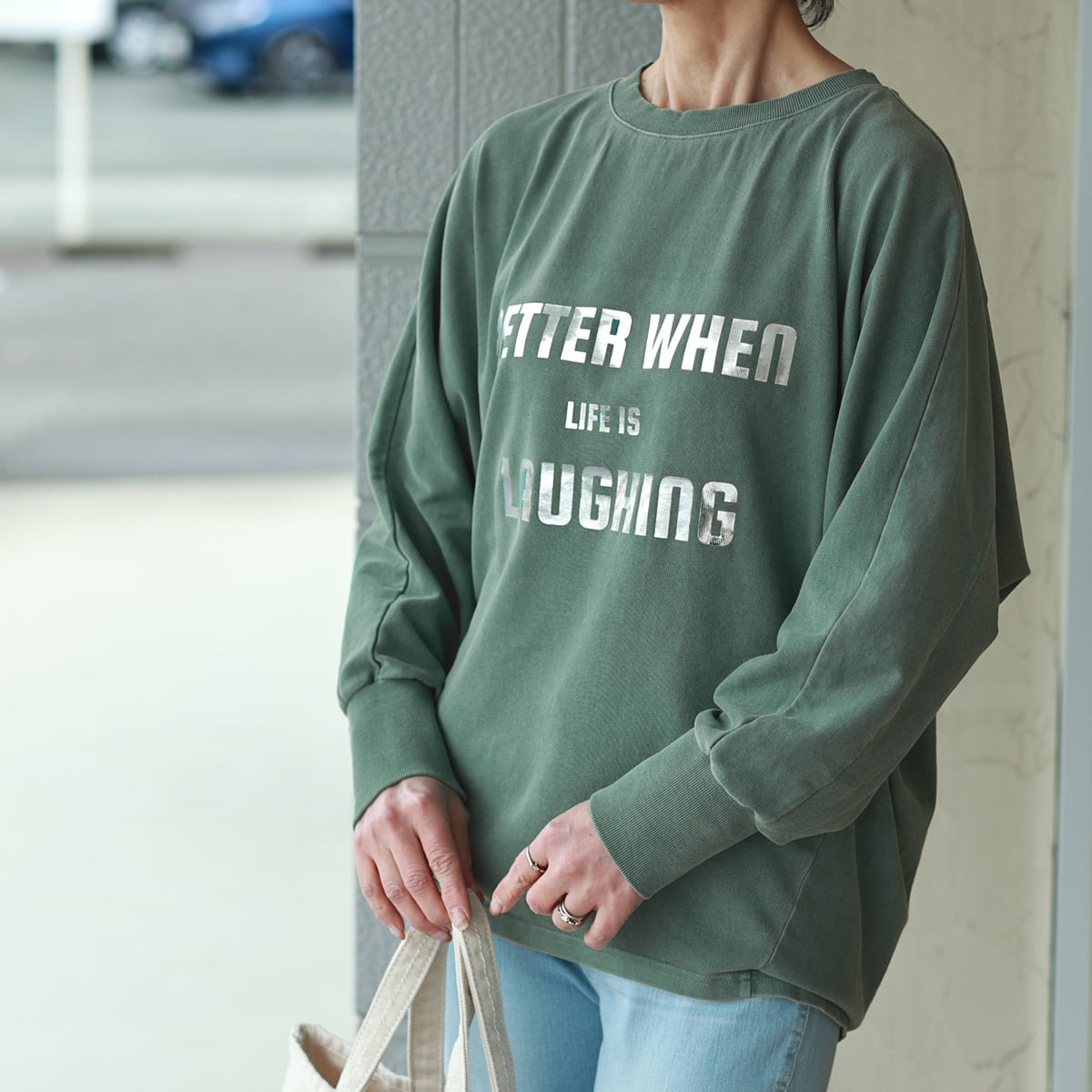 flamingo firm (フラミンゴファーム) グリッターロゴ テーパードドルマン カットソー