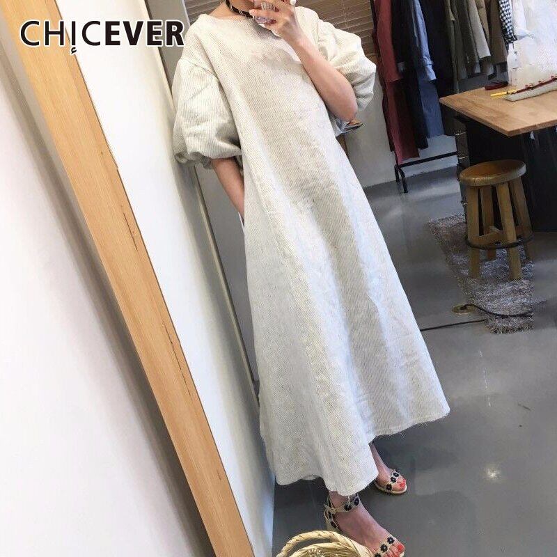 CHICEVERストライプドレス女性Oネックランタンスリーブポケットサイドスプリットミディドレス夏服2020 サマー 夏物 6base539424130873