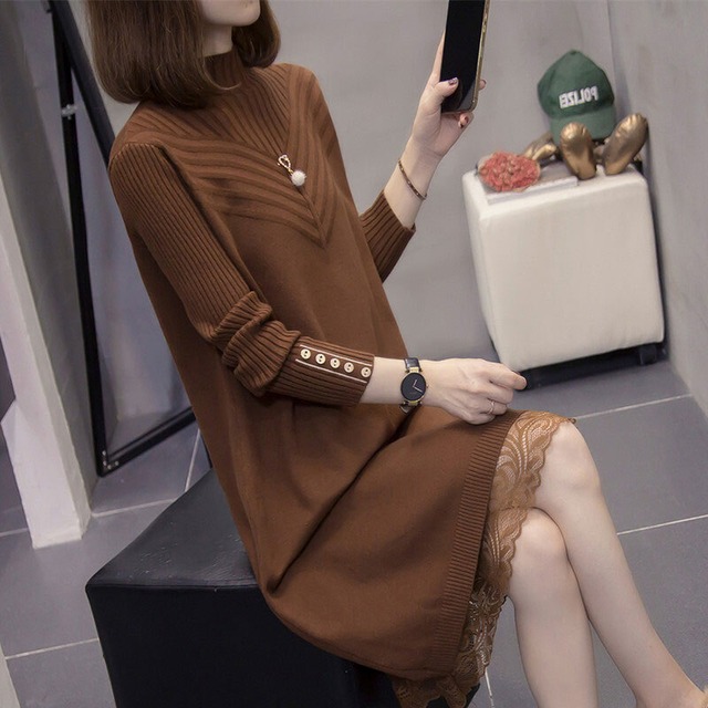 ワンピース レディース ニットワンピース プルオーバー 膝丈 ロング 長袖  レース ハイネック かわいい 大人可愛い きれいめ おしゃれ お洒落 上品 キュート ガーリー 主役級 存在感 フェミニン 無地 秋 冬 お呼ばれ 20代 30代 OL 学生 通学 デート お出かけ 女子会 休日 着回し 普段使い 韓国 韓国系 送料無料 ファッション コーデ スタイル 防寒 モテ 美脚 脚長 プレゼント ギフト トレンド 流行 インスタ映え L XL 2XL 3XL 4XL ブラウン ブルー ブラック