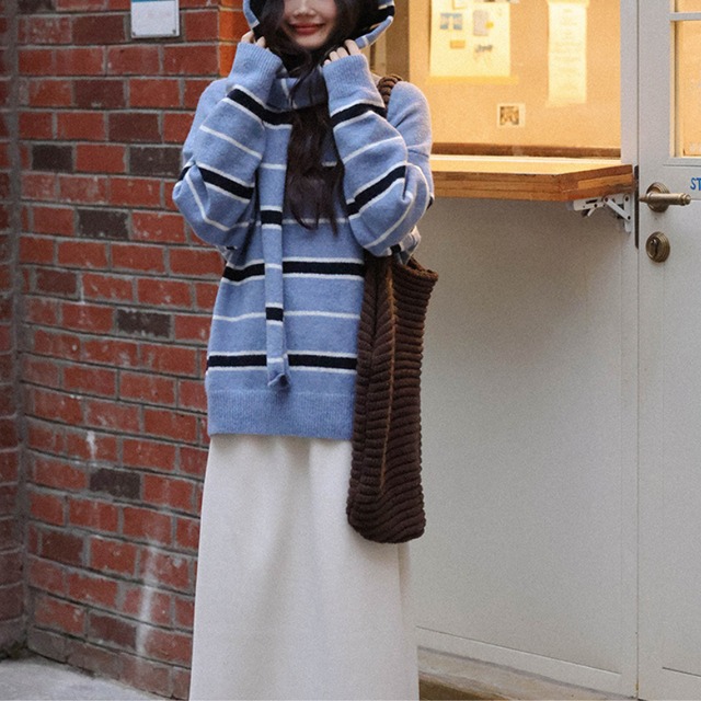 hooded shawl multi-striped knit　J00370