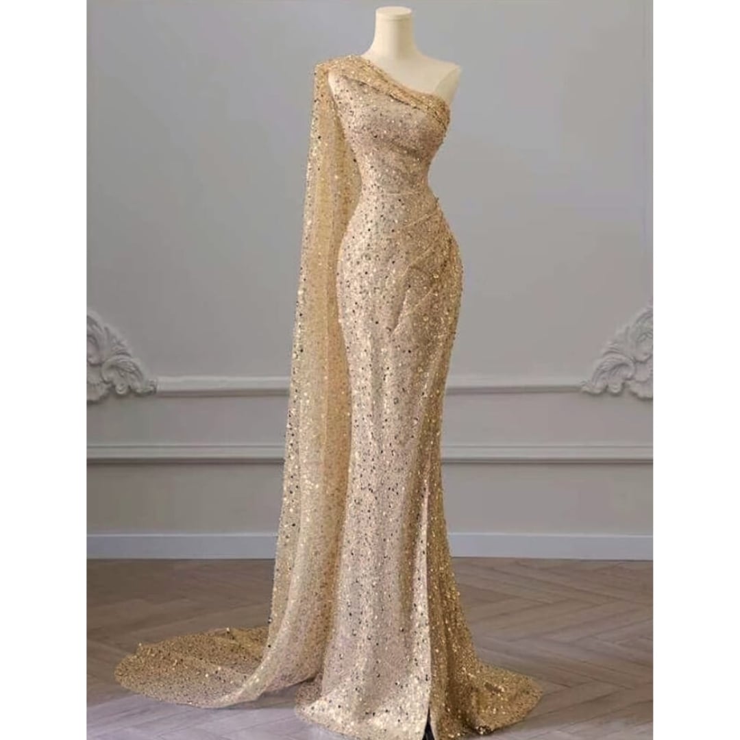 スパンコール ケープスリーブ ロングドレス D1386