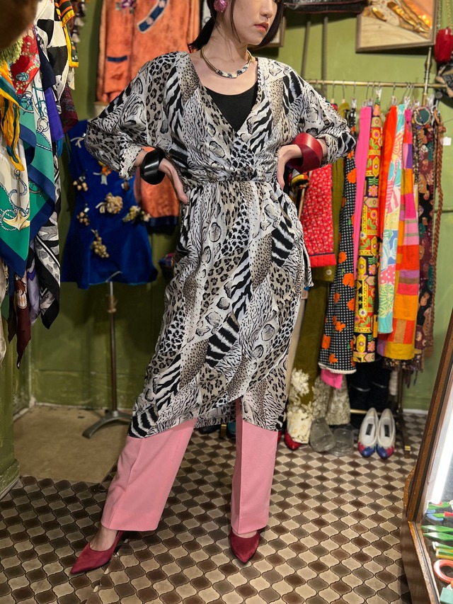 80s white × Leopard rayon dress ( ヴィンテージ ホワイト × レオパード レーヨン ワンピース )