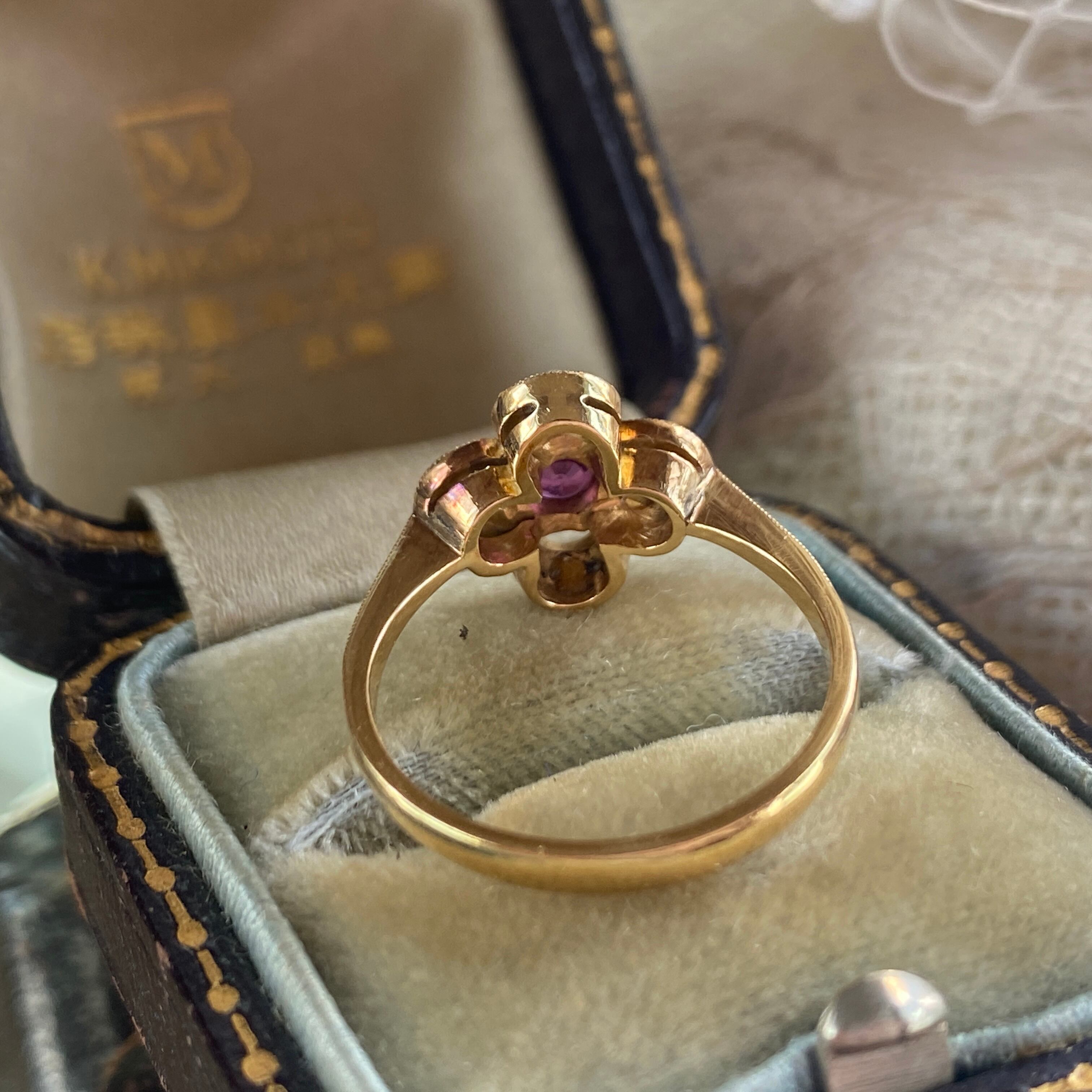 ヴィンテージ 18金天然ルビーに芥子パールお花リング