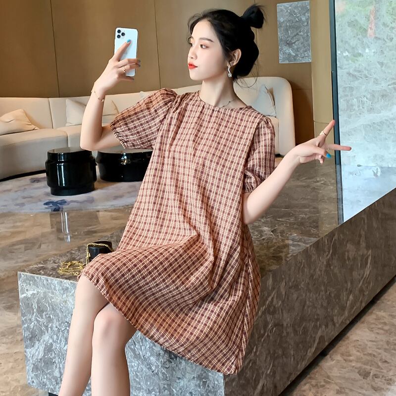 【新作】【送料無料】 マタニティウェア2020夏の新しい綿とリネンのチェック柄の小さな新鮮なドレス、トレンディな母親のミドル丈で年齢を減らすマタニティドレス-アリババ コットン サマー 夏物 expec26756153114