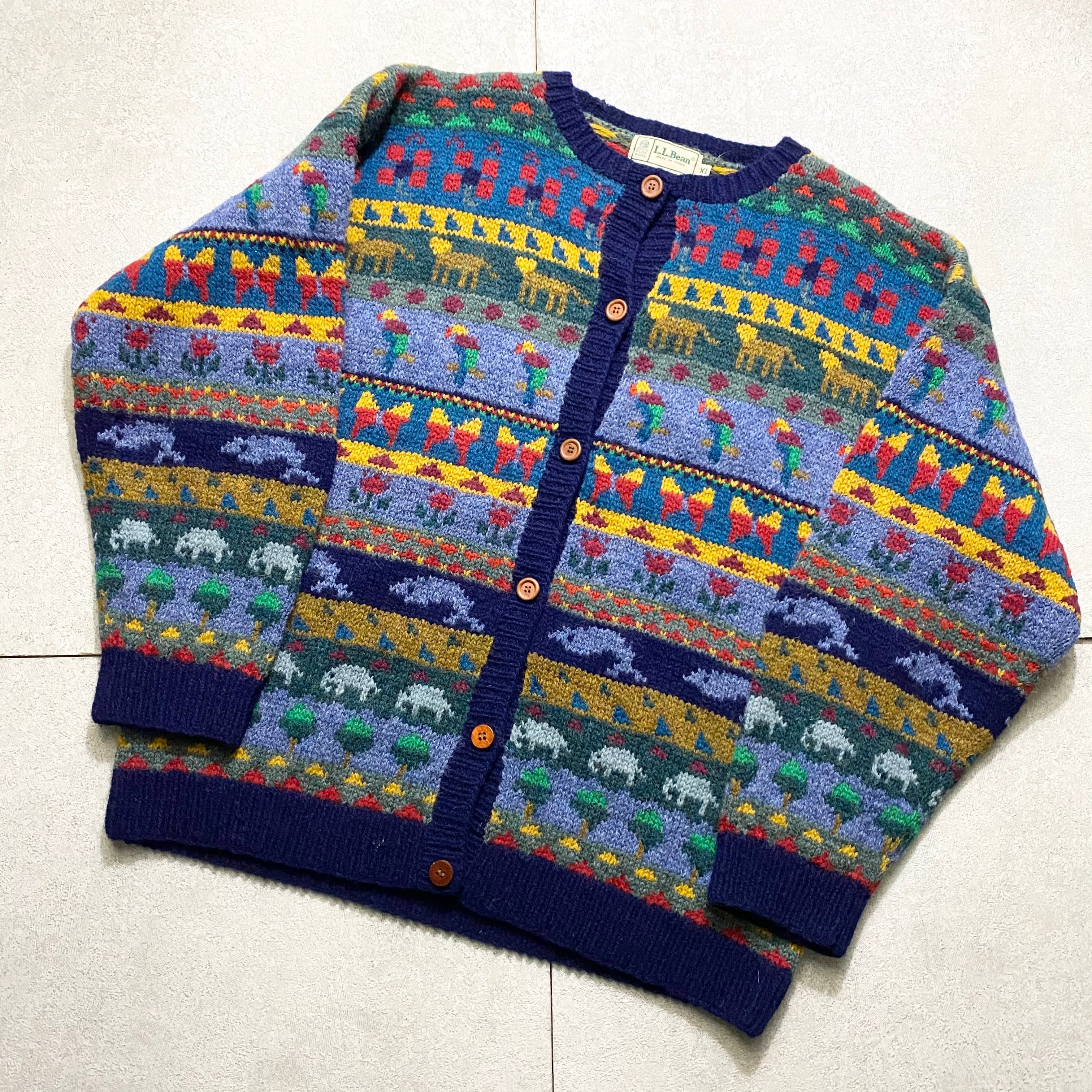 old L.L.BEAN animal pattern multicolor border knit cardigan | NOIR