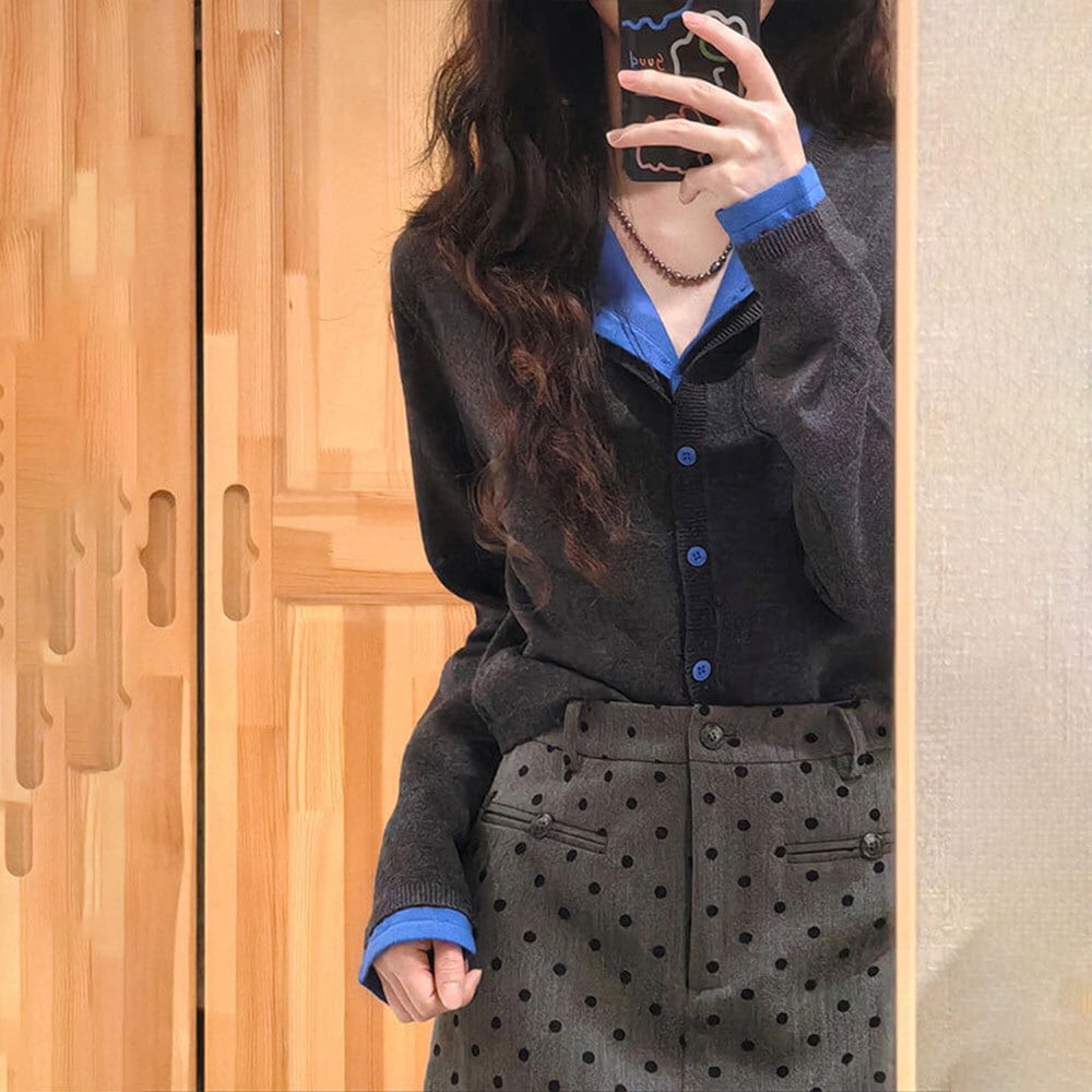 【送料無料】 レイヤード風 ニット カーディガン 重ね着 レディース 春秋 韓国 トップス 羽織り きれいめ 大人 カジュアル おしゃれ 切り替え 配色 長袖 ニットカーディガン 大人可愛い 大人女子