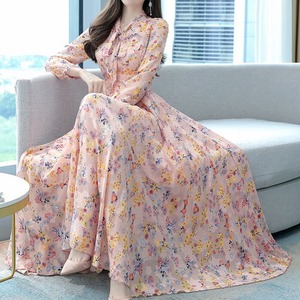 【送料無料】ワンピース レディース 花柄ワンピース 花柄 小花柄 フラワー シフォンワンピース シフォン ボウタイ リボン 長袖 フレアワンピース フレア ハイウエスト ウエストマーク リボン りぼん ロングワンピース ロング丈 マキシワンピース マキシ丈 ドレス 着痩せ 細見え 体型カバー 脚長 大人 可愛い かわいい フェミニン 華やか 清楚 可憐 おしゃれ お洒落 レトロ お出かけ デート 韓国 春 秋 20代 30代 40代 50代 60代 大きいサイズ ピンク グリーン ベージュ